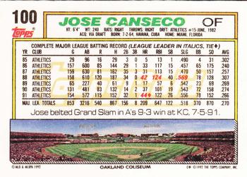1992 Topps - Gold #100 Jose Canseco Back