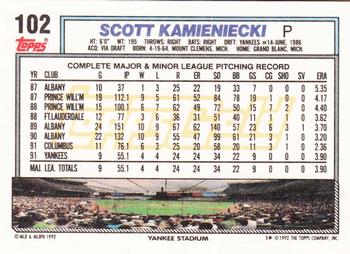 1992 Topps - Gold #102 Scott Kamieniecki Back