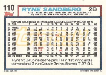 1992 Topps - Gold #110 Ryne Sandberg Back
