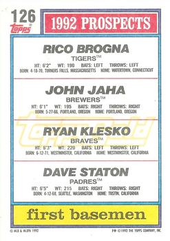 1992 Topps - Gold #126 Rico Brogna / John Jaha / Ryan Klesko / Dave Staton Back