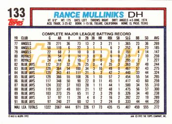 1992 Topps - Gold #133 Rance Mulliniks Back