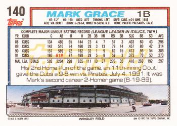 1992 Topps - Gold #140 Mark Grace Back