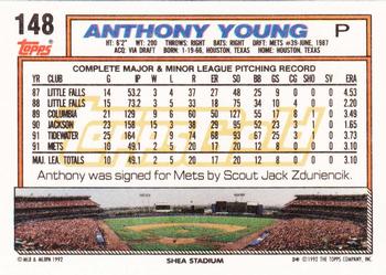 1992 Topps - Gold #148 Anthony Young Back