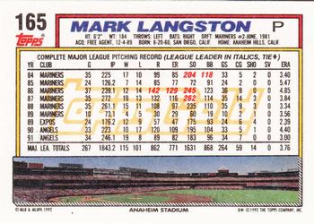 1992 Topps - Gold #165 Mark Langston Back