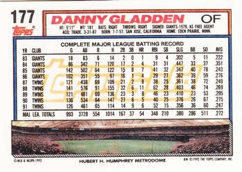 1992 Topps - Gold #177 Danny Gladden Back