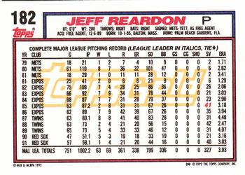 1992 Topps - Gold #182 Jeff Reardon Back