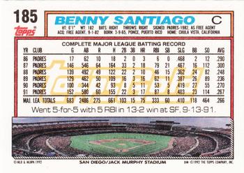 1992 Topps - Gold #185 Benny Santiago Back
