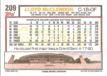 1992 Topps - Gold #209 Lloyd McClendon Back