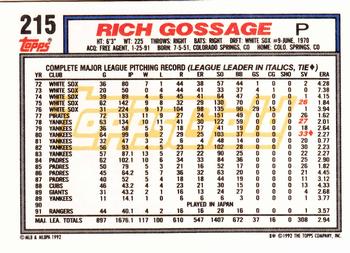 1992 Topps - Gold #215 Rich Gossage Back