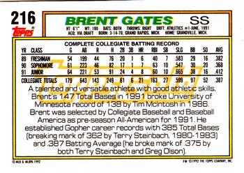 1992 Topps - Gold #216 Brent Gates Back