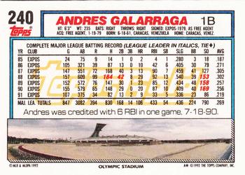 1992 Topps - Gold #240 Andres Galarraga Back