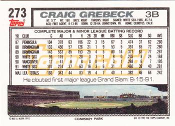 1992 Topps - Gold #273 Craig Grebeck Back