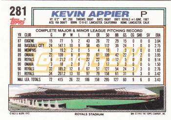 1992 Topps - Gold #281 Kevin Appier Back