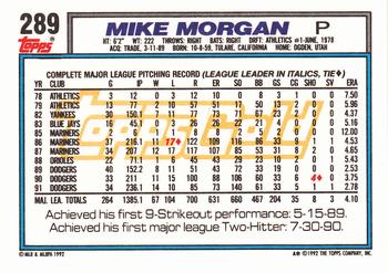 1992 Topps - Gold #289 Mike Morgan Back