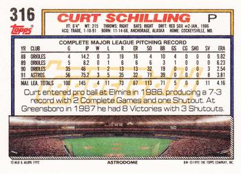 1992 Topps - Gold #316 Curt Schilling Back
