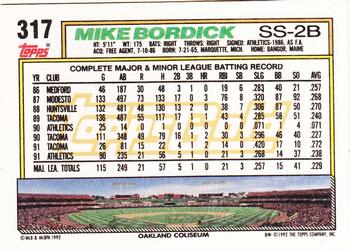 1992 Topps - Gold #317 Mike Bordick Back