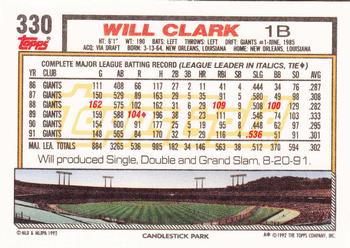 1992 Topps - Gold #330 Will Clark Back