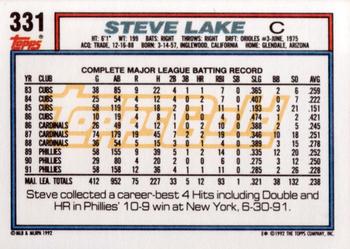 1992 Topps - Gold #331 Steve Lake Back