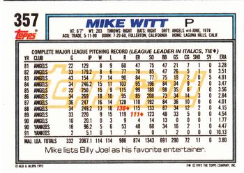 1992 Topps - Gold #357 Mike Witt Back