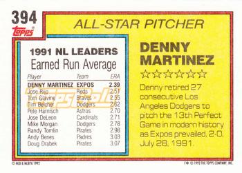 1992 Topps - Gold #394 Denny Martinez Back