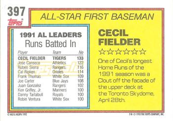 1992 Topps - Gold #397 Cecil Fielder Back