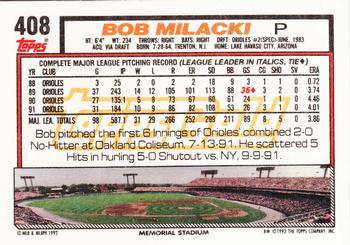 1992 Topps - Gold #408 Bob Milacki Back