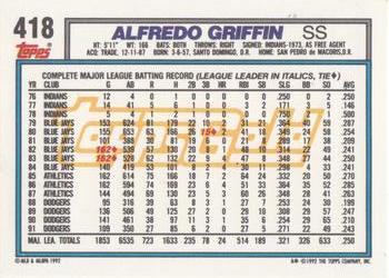 1992 Topps - Gold #418 Alfredo Griffin Back