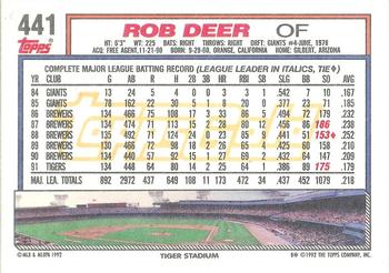 1992 Topps - Gold #441 Rob Deer Back