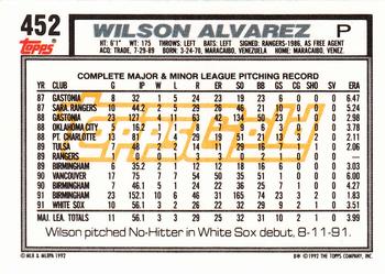 1992 Topps - Gold #452 Wilson Alvarez Back