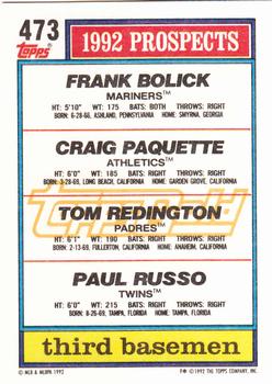 1992 Topps - Gold #473 Frank Bolick / Craig Paquette / Tom Redington / Paul Russo Back