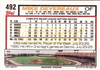 1992 Topps - Gold #492 Mike Devereaux Back