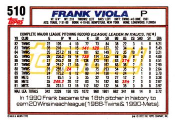 1992 Topps - Gold #510 Frank Viola Back