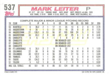 1992 Topps - Gold #537 Mark Leiter Back