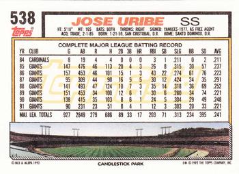 1992 Topps - Gold #538 Jose Uribe Back