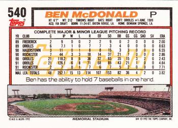 1992 Topps - Gold #540 Ben McDonald Back