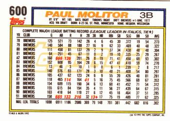1992 Topps - Gold #600 Paul Molitor Back