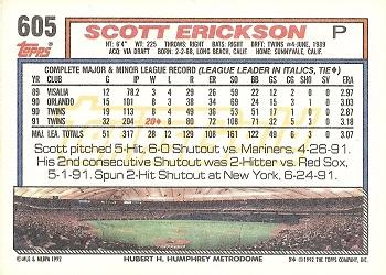 1992 Topps - Gold #605 Scott Erickson Back