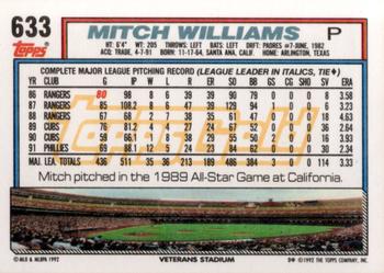 1992 Topps - Gold #633 Mitch Williams Back
