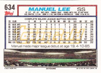 1992 Topps - Gold #634 Manuel Lee Back