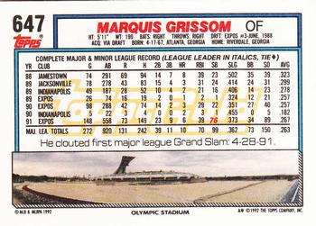 1992 Topps - Gold #647 Marquis Grissom Back