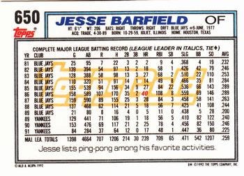 1992 Topps - Gold #650 Jesse Barfield Back