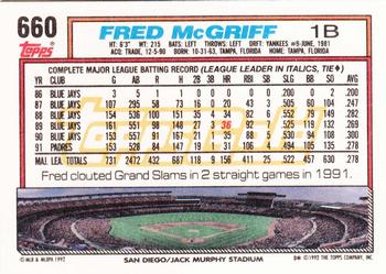 1992 Topps - Gold #660 Fred McGriff Back