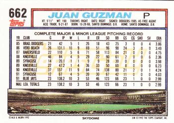 1992 Topps - Gold #662 Juan Guzman Back