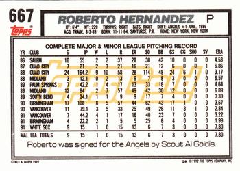1992 Topps - Gold #667 Roberto Hernandez Back