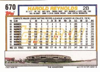 1992 Topps - Gold #670 Harold Reynolds Back