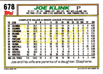 1992 Topps - Gold #678 Joe Klink Back