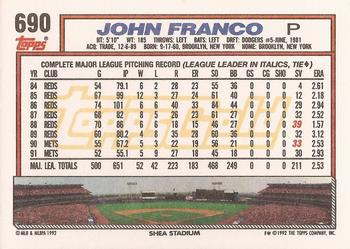 1992 Topps - Gold #690 John Franco Back