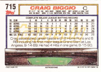 1992 Topps - Gold #715 Craig Biggio Back
