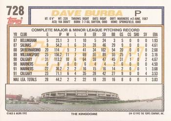 1992 Topps - Gold #728 Dave Burba Back