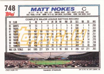 1992 Topps - Gold #748 Matt Nokes Back